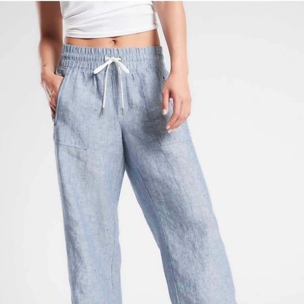 NWOT Athleta Light Blue Linen-Blend Drawstring Pants Sz 12 - Picture 2 of 12